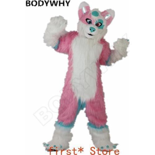 Long Fur Fox Pink Husky Dog Wolf Mascot Fursuit Costume Suits Cosplay Unisex Birthday Dress Adults Halloween Christmas Character