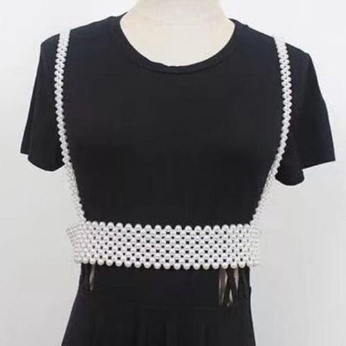 FSHXOL pearlshoulder chain woven elastic vest ins suit dress shirt belt woman pearl womans waist chain jewelry waistband