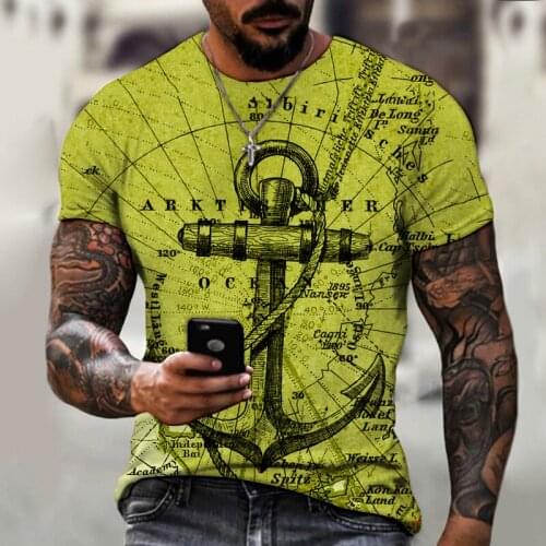 2021 New Map Anchor Print Top Men Casual Fashion Oversize T-shirt Short Sleeve Streetwear Man Loose Tshirt Byck Brand Clothes