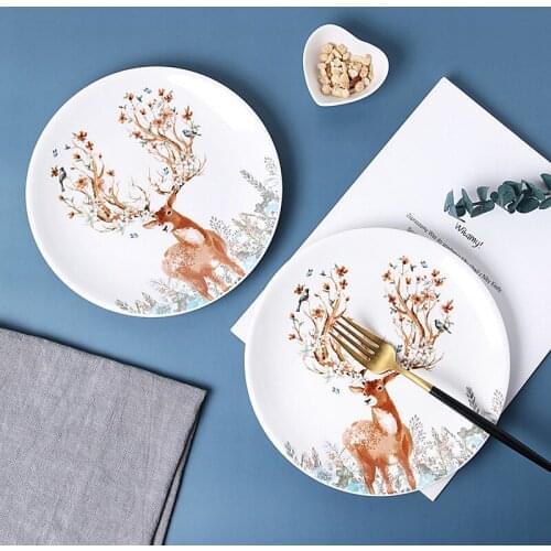 Nordic Creative Sika Deer Pattern Tableware Ceramic Cartoon 8-Inch Family Restaurant Plate Fruit Salad Cake Utensils