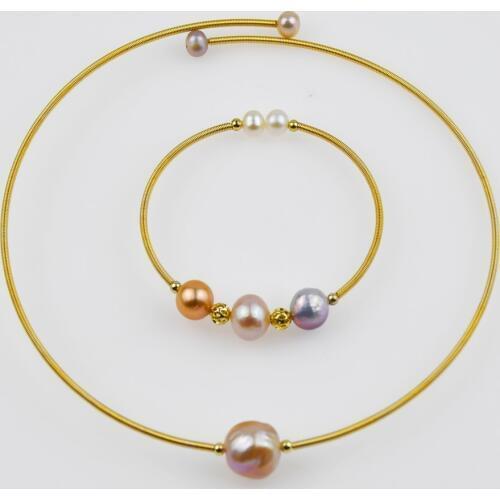 KBJW Solid Gold Color Real Pearl Choker and Bangle Set Handmade Delicate Elegant Pink Freshwater Pearl Party Jewelry for Women