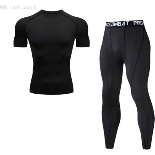Summer Workout Set Mens Short T-shirt + Leggings 2 piece Tracksuit Men Black Shirt Pants Compression Sportswear Mens Short Sets