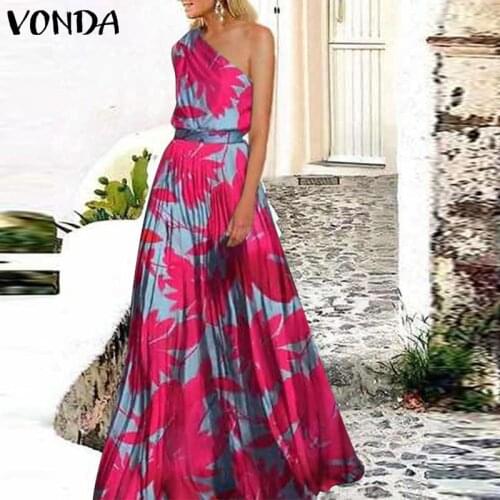 Summer Pleated Dress VONDA Women Zipper Bohemian Vestido 5XL Party Floral Print Long Dresses Plus Size One Shoulder Sundress