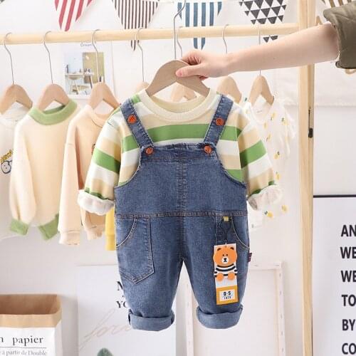 LZH 2021 Spring Round Neck Striped Long Sleeve Sweater All-Match Denim Overalls Suits New Baby Boys Clothes Sets Childrens Suit
