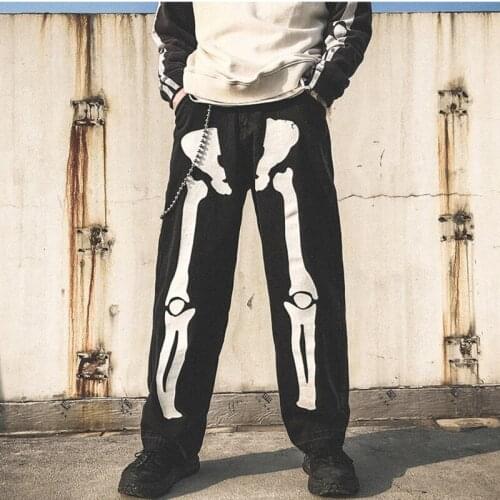 Hip Hop Men Skeleton Black Jeans 2021 New Autumn High Waist Washed Harem Pants Harajuku Skeleton Light Color Jeans Streetwear