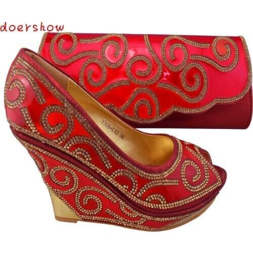 Doershow High Quality African Wedding High Heel And Bag Set Top Fashion Rhinestone Italian Shoes And Matching Bags Set !ZX1-68