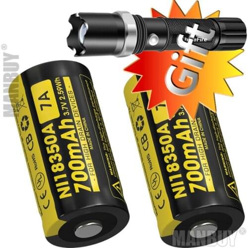 Nitecore RCR123A 16340 IMR18350 3.7V 7A 700mAh Rechargeable Li-ion Battery x2 Pieces + Free Gift Flashlight Outdoor Cheap Torch