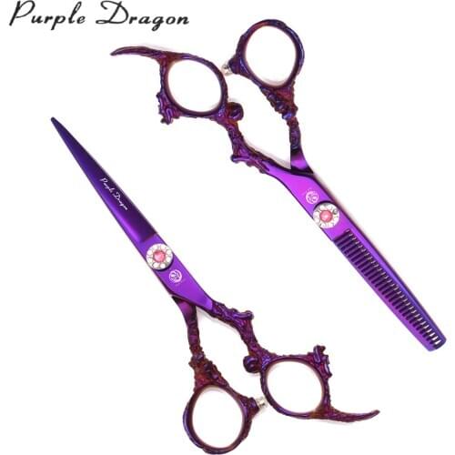 Hair Scissors With Wooden Case Purple Dragon 6.0" JP 440C Hairdressing Cutting Scissors Thinning Scissors 9005# Dragon Sculpture