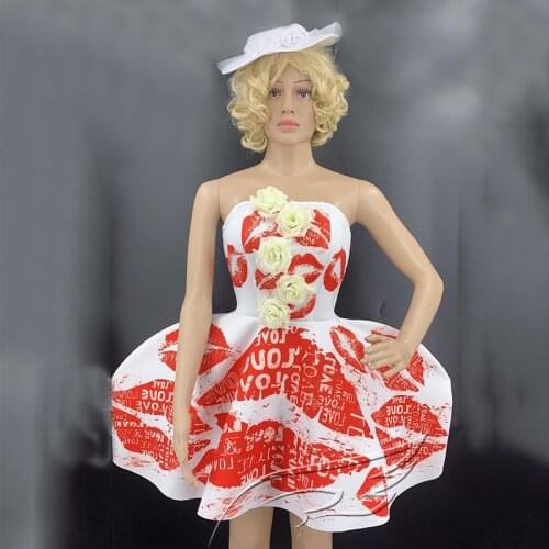 Nightclub Host Singer Costume Rose Lips Print Female Gogo Dancer Outfit Headdress+Bubble Dress Princess Party Prom Wear VDB3344