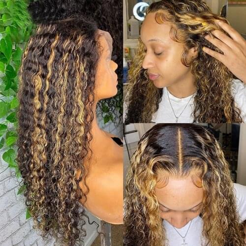 180 Density Curly Lace Front Wig Ombre Blonde Human Hair Wigs Brown Highlights Deep Curly Remy Human Hair T Part Lace Front Wigs