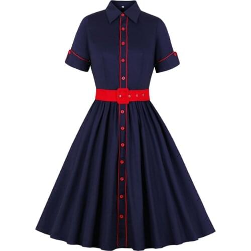 Summer Autumn Women Retro Dress 50s 60s Vintage Rockabilly Swing Feminino Vestidos Turn-down Collar Short Sleeves Midi Dresses