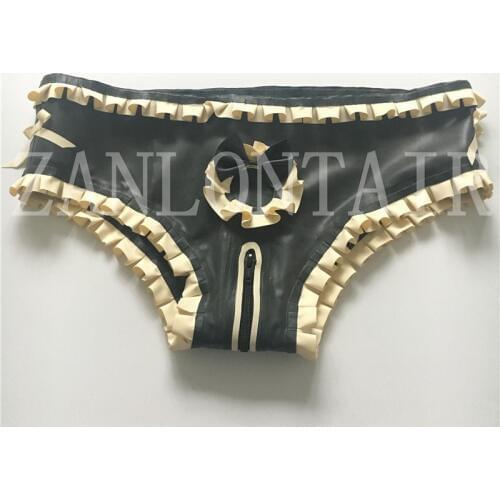 Sexy lingerie Women female princess handmade Latex black spliced white crotch zipper bow-knot purfle shorts cekc Underwear