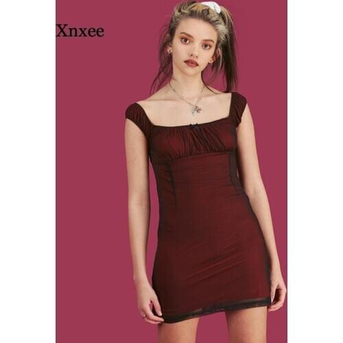 Sexy Purple Mesh Women Mini Dresses Harajuku Girls Square Collar Dress Streetwear Chic Bodycon Vestido Femme Fashion Short Dress