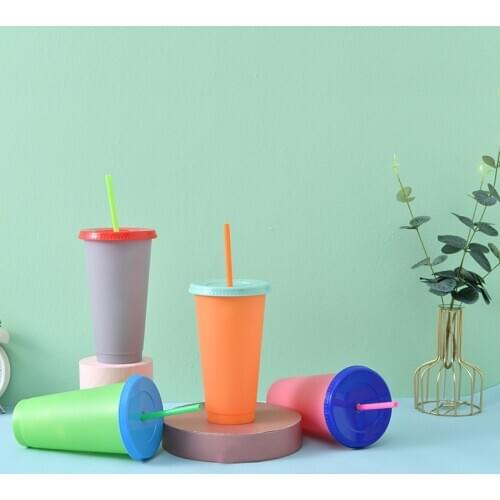 Color Changing Cold Drink Cups Reusable Temperature-Sensitive Plastic Colorful Coffee Cup with Lids and Straws