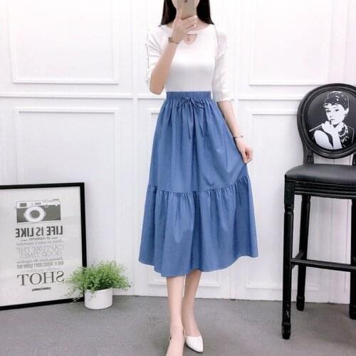 Thin Denim Tencel Blue Skirts Womens 2021 Summer Korean High Waist Lace Up Midi Jeans Skirts Casual Daily A-Line Bottoms Falda