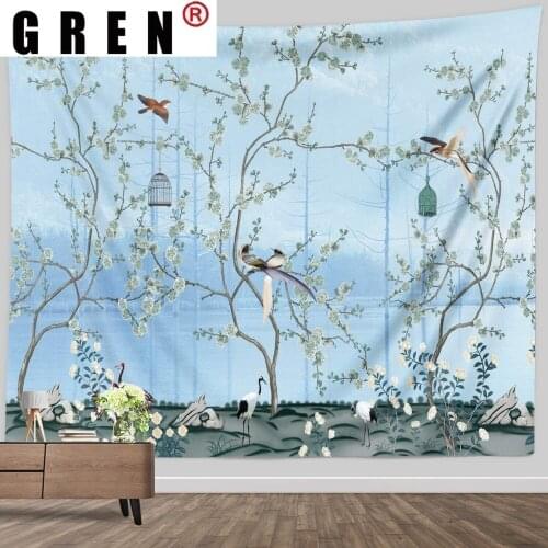 GREN Tapestry Flower Tree Bird Wall Rugs Wall Hanging Fabric Mural Background Cloth Towel Beach Fabric Blanket Living Home Decor