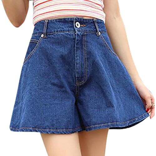 Womens Denim Shorts Classic Vintage High Waist Blue Wide Leg Female Ladies Shorts Jeans