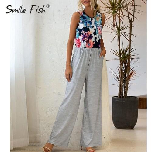 Floral Tank Overalls Summer Striped Rompers Pocket Casual Loose Wide Leg Pants Women Holiday Sleeveless Beach Jumpsuits G1661