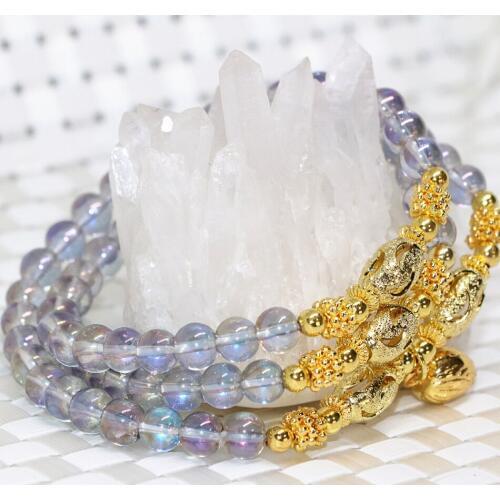 Gold-color pendant beads high grade electroplate light purple crystal round 6mm multilayer long bracelets women jewelry B2256