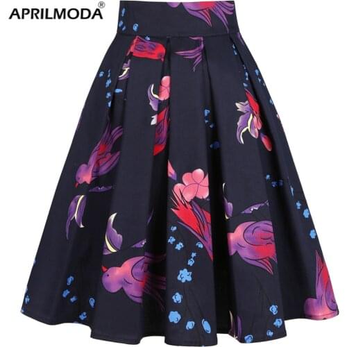 2021 50s Retro Floral Print Vintage Pleated Skirts Womens Harajuku High Waist Plus Size Midi Skirt Cotton Summer 3XL Swing Skirt