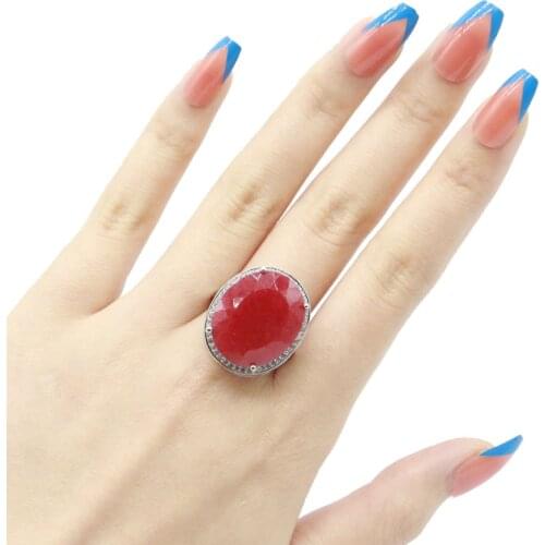 25x21mm Delicate Fine Cut Dazzling SheCrown Big Oval Real Red Ruby Zircon For Sister Dating Silver Rings Eye Catching