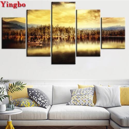 5D DIY Diamond Painting 5 pcs Lake Boats Forests Diamond Embroidery Cross Stitch Mosaic Pictures For Living Room Decor Wall Art