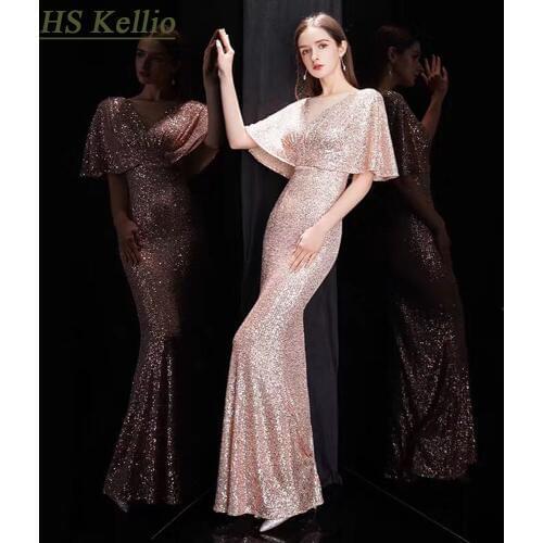 Celebrity-Dress Sequined Sparkle Mermaid Formal Party Gown With Short Sleeves
