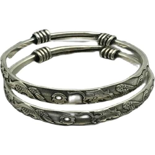Chinas Old Tibet Silver Engraving Pattern Bracelet A Pair