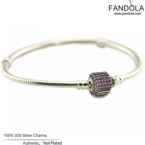 CKK Signature Clasp Bracelets 925 Sterling Silver Pave Pink CZ Charm Bracelets for Women Fine Jewelry Making