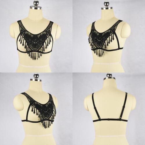 Black Sexy Tassel Harness Lace Vast Body Open Chest Cage Bra Sexy Harness Bra Bondage Lingerie 90s Cupless Bra O0349