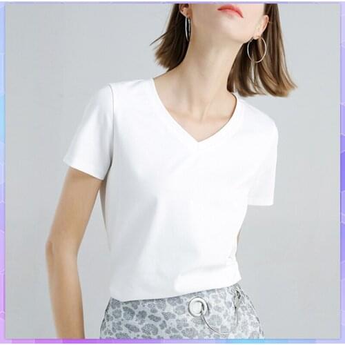 Oversized T-shirt Women Simple Solid Top Summer V-Neck Match Cotton T-shirts Basic Tshirt Tops Camisetas Verano Mujer 2021
