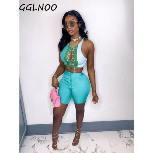 GGLNOO Punk Style Lace Up Bandage Bodycon Women Clothes Contrast stitching strap hollow two-piece suit Short Pant Two Pieces Se