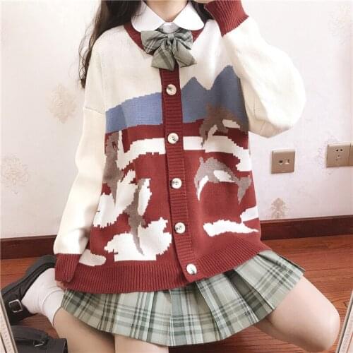 Spring and Autumn New Japanese Knitted Cardigan Harajuku Style Sweet Cute Student Loose Dolphin Sweater Christmas Sweater Women