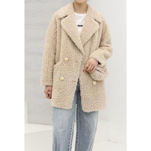 MENINA BONITA 2021 New Luxury Winter Jacket Womens Coat Double-breasted Woven Real Natural Wool Fur Lapel Warm Loose Outerwear
