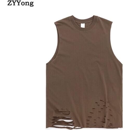 Mens Tank Top Loose Sleeveless Lengthen Cotton Hip Hop Hole Ripped Streetwear Fashion Casual Outdoor Black White Lovers Clothing