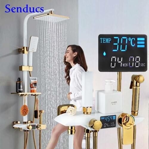 Digital Shower Set Senducs White Gold Thermostatic Bathroom Faucet 10 Inch Rainfall Shower Head Gold Thermostatic Shower Set