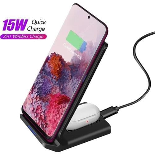 Desktop 15W Wireless Charger For iPhone 12 11Pro Max 2 in 1 QI Fast Charger For Xiaomi Mi 11 Quick Phone Charging Station Dock