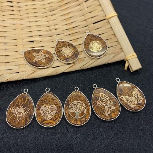 Natural Stone Golden Silk Jade Drop-shaped Brown Pendant Metal Edging Starfish Butterfly Love Pattern Necklace Bracelet Pendant