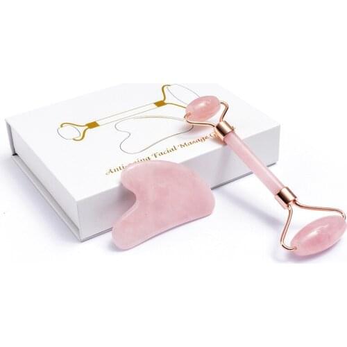Rose Quartz Jade Roller Guasha Scraper Face Slimming Massager Face Lifting Natural Stone Facial Massage Skin Care Beauty Set Box