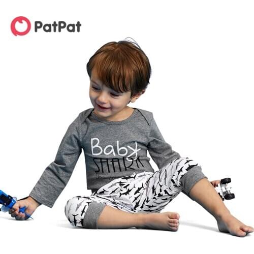 PatPat 2020 New Spring and Autumn 3-piece Baby Boy BABY SHARK Print Long-sleeve Bodysuit and Fish Pants with Hat Set for Baby