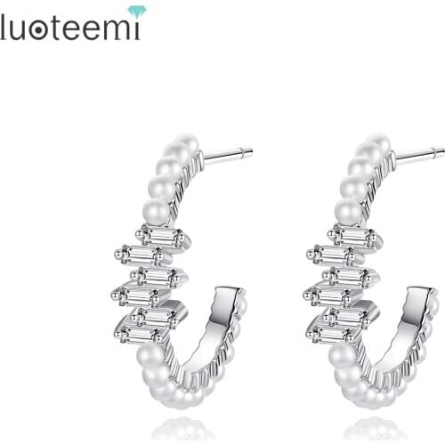 LUOTEEMI Semi-annular Stud Earrings for Women Dating Party Gifts Imitation Pearls Clear CZ Stone Fashion Female Jewelry Brincos