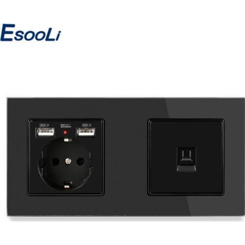 Esooli Crystal Glass Panel EU Standard Electric Socket with 2 USB + 1 Gang RJ45 Internet Jack CAT5E Connector 172*86mm Outlet
