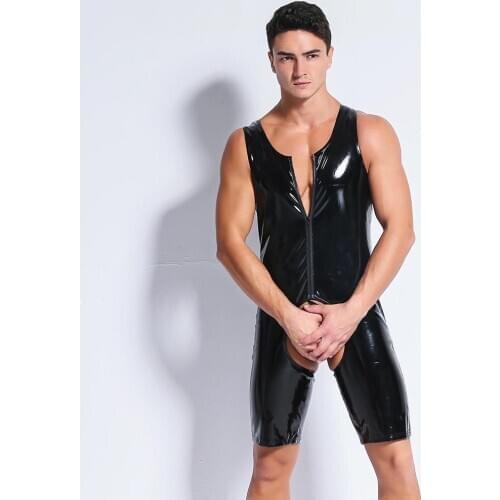 Sexy Men Gay Underwear Bodysuit Catsuit Mens Latex Underwear Black Sleeveless To Crotch Gay Leather Sexy Open Crotch Bodysuit