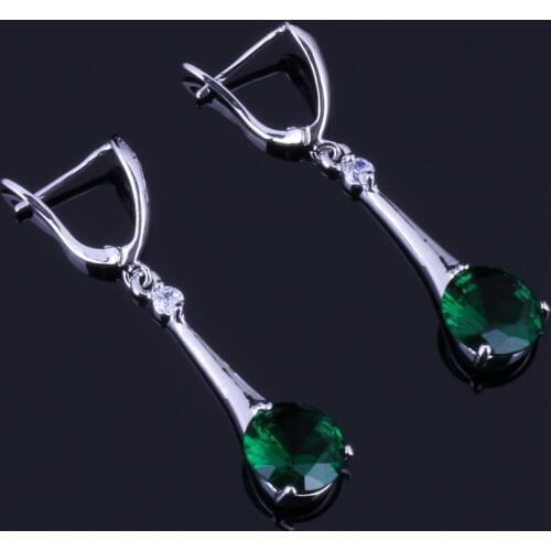 Majestic Round Green Cubic Zirconia White CZ Silver Plated Drop Dangle Earrings V0357