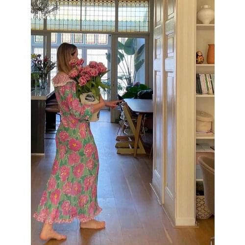 Sweety Floral Satin Maxi Dress Retro Watercolor Paint Bloom Pink Babydoll Collar Lace Peter Pan Puffy Sleeve Vacasion Date Gown