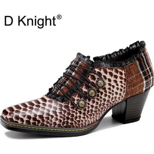 Retro Pumps Autumn Style Floral Genuine Leather Comfy Pumps Elegant Shoes Women Vinatge Printed Lace Lady High Heels Shoes 2021