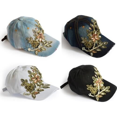 Women's Applique Flower Rhinestone Studded Baseball Cap Bling Denim Tennis Hats