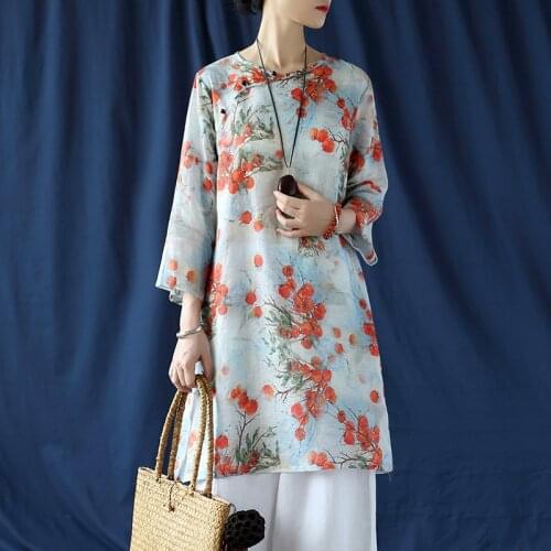 Women Loose V Neck Printed Long Blouse Tops Ladies Ramie Shirt Female Sumemr Autumn Long Tops Blouse 2020