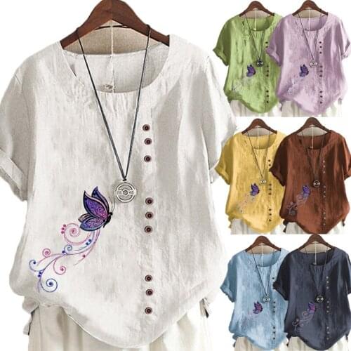 Womens New Fashion Linen Shirt Round Neck Short Sleeve Butterfly Printed T-shirt Summer Ladies Casual Plus Size Blouse Tops