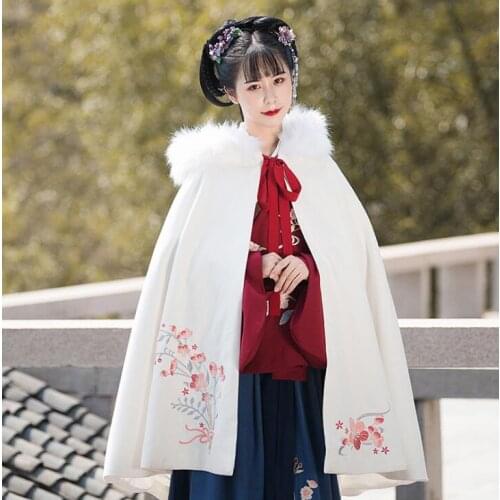 Original Design Wintersweet Plum Women Chinese Style Winter Hanfu V-neck Long Sleeve Shirt + Long Ruqun Skirt + Wool Cape